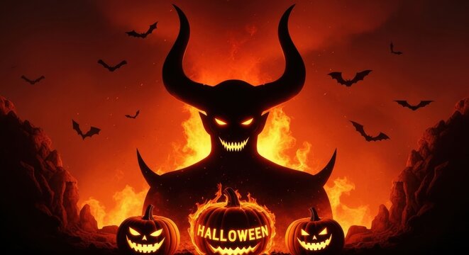 Scary halloween scene with devil pumpkins bats jack o lantern glowing eyes