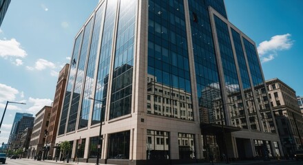 Naklejka premium Modern Glass Office Building Facade Reflecting City Architecture in Sunlight