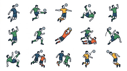 Fototapeta premium Soccer Players Action Icons Set: Kicking, Jumping, Goalie Save, Dribbling, Header