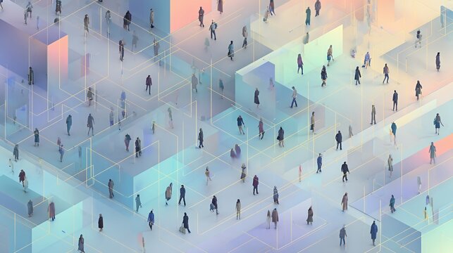 Isometric crowd of tiny people walking in a futuristic translucent neon maze for concept of society network and urban lifestyle
