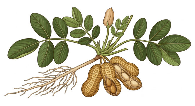 Peanut plant with roots and pods illustration.