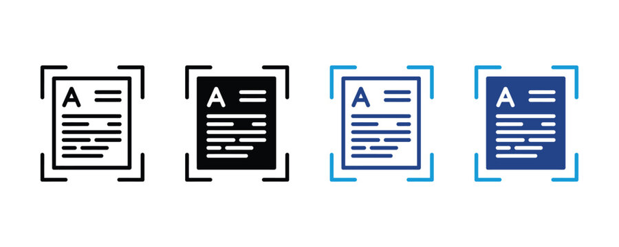 Document scan icon set. text recognition, OCR scanner application, digital file copy process symbol. vector illustration