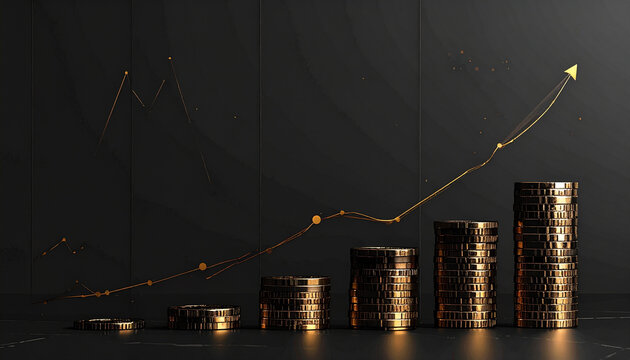 Stacks of gold coins with growing graph