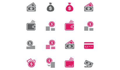 Fototapeta premium Money Finance Icons Set Flat Design Pink Grey Isolated White Background