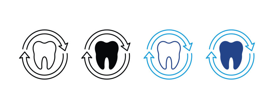 Tooth icon set. circular refresh arrows dental care routine, dentistry checkup cycle, tooth replacement process symbol. Vector illustration