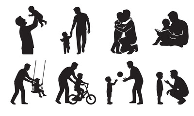 Obraz premium Father and child silhouette set with reading bike and swing activities