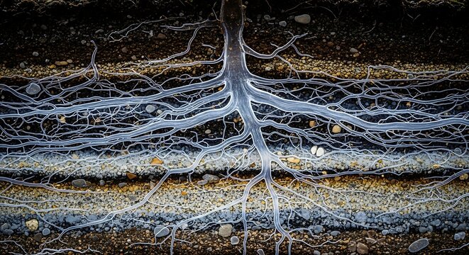 Tree roots, underground, soil layers, root system, nature