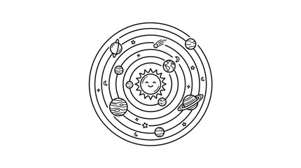 Hand drawn solar system illustration with sun and planets. © Barokatul