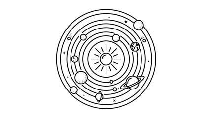 Hand drawn solar system illustration with sun and planets. © Barokatul