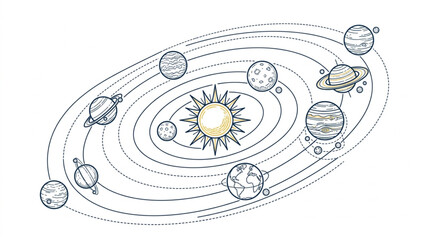 Hand drawn solar system with sun and planets orbiting. © Barokatul