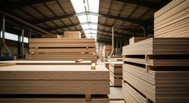 Stacks of photo-realistic wood panels and plywood in a modern lumber warehouse for construction industry.
