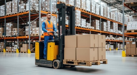 Fototapeta premium Warehouse Logistics: Male Worker Operating Electric Forklift with Cardboard Boxes in Modern Facility Photo