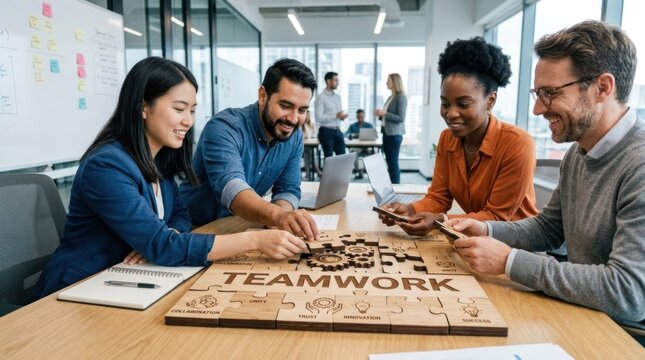 Four people sitting around a table, working on a puzzle with the word 'TEAMWORK' on it.