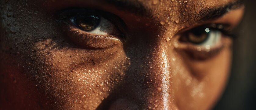 Close-up of a determined athlete's face with sweat droplets