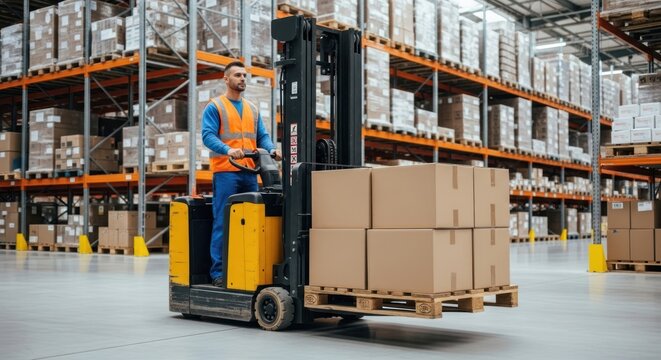 Warehouse Logistics: Male Worker Operating Electric Forklift with Cardboard Boxes in Modern Facility Photo