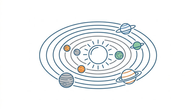 Illustration of a solar system with planets orbiting the sun.