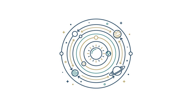 Illustration of a stylized solar system with planets orbiting a central sun.