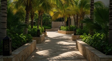 Fototapeta premium Photo-realistic Tropical Resort Pathway Lined with Palm Trees and Greenery for Luxury Travel and Relaxation