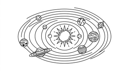 Illustration of the solar system with planets orbiting the sun. © Barokatul