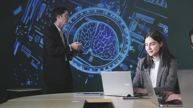 Three professionals in a business meeting setting with laptops, focused on a screen showing an AI-themed digital brain graphic and code.