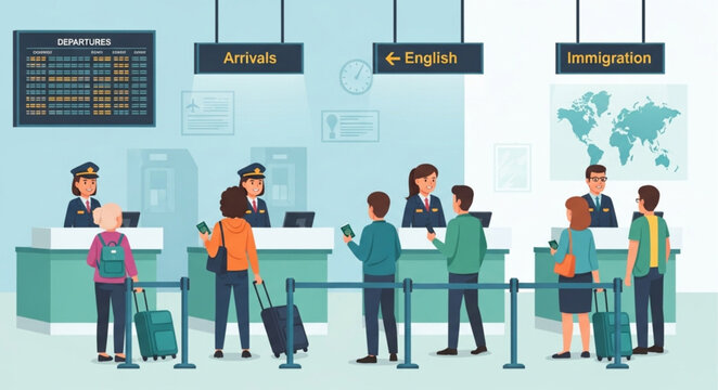 People queuing at airport immigration and customs desks.