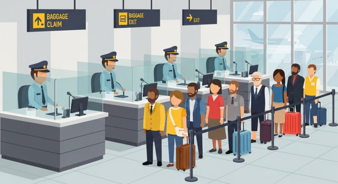 People queuing at airport immigration control with officers at desks.