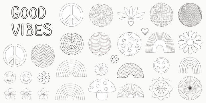 Floral ornaments peace symbols and rainbows black and white vector illustration