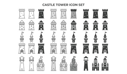 Castle tower icon set in line outline and solid styles with medieval fortress vector symbols © ProsanjitDev