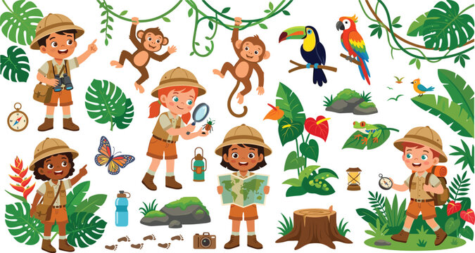 Cute Cartoon Safari Jungle Explorer Kids Vector Illustration Set with Children Scout Characters Monkeys Parrot Toucan and Adventure Camping Gear Elements