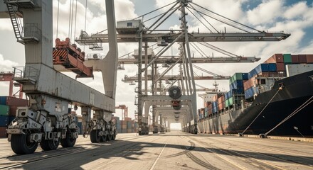 Naklejka premium Photo-realistic Cargo Ship and Cranes at Busy Shipping Port