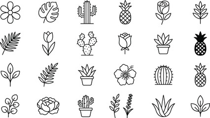 Minimalist botanical line art vector icon set featuring simple flowers tropical leaves cactus succulent potted plants and pineapple outline illustrations © MSTSUFIA