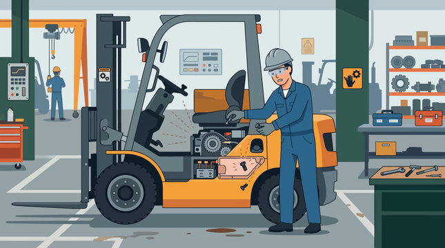 Industrial worker operating forklift in warehouse.