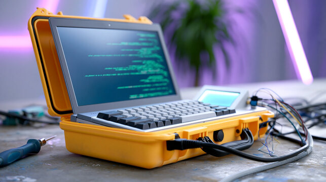 Portable cyberdeck computer with retrofuturistic design, custom DIY hacking device for coding, cybersecurity, and cyberpunk technology enthusiasts