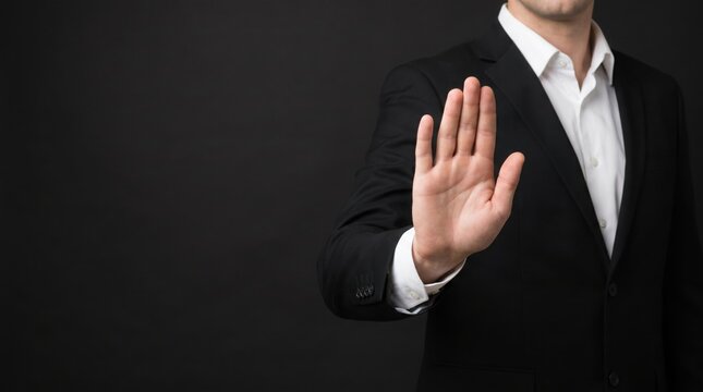 Professional businessman in sharp black suit gesturing stop sign with hand against a dark minimalist background for corporate communication and leadership concepts