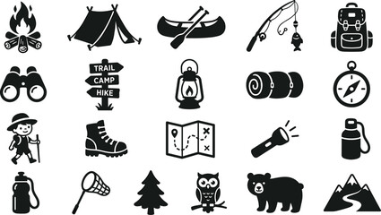 Camping and outdoor hiking black silhouette vector icon set with campfire tent canoe fishing backpack map and wildlife elements © MSTSUFIA