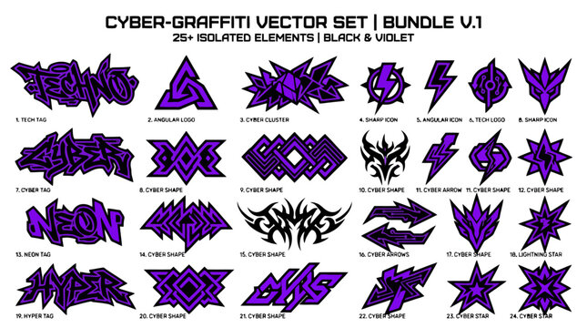 Cyber Graffiti Vector Set Featuring Edgy Urban Street Art Symbols And Typography Elements For Graphic Design And Digital Branding
