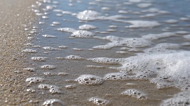 Close-up of ocean wave and foam receding on a sandy beach. Natural water movement provides tranquil relaxation, a serene background for travel, vacation, environment, and peace concepts.