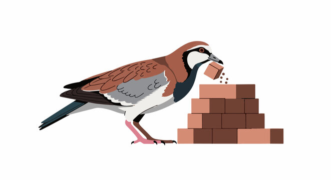 Bird building a brick wall with a small brick in its beak