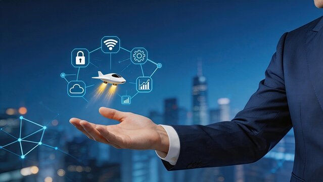 Futuristic flying vehicle held in hand with digital network icons, representing advanced urban air mobility and smart city tech