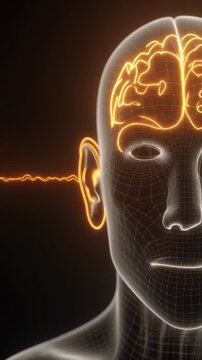 Digital Brainwave Reception, Audible Soundwaves Entering Wireframe Head and Visualizing Neural Activity, Representing Perception, Cognition, and Information Processing