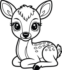 Fototapeta premium Cute Baby Deer Illustration Black and White Hand Drawn Forest Animal Coloring Page Style Artwork