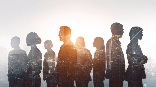 Double exposure of diverse business team silhouettes with city skyline and network lines teamwork corporate collaboration diversity leadership office group profile silhouette