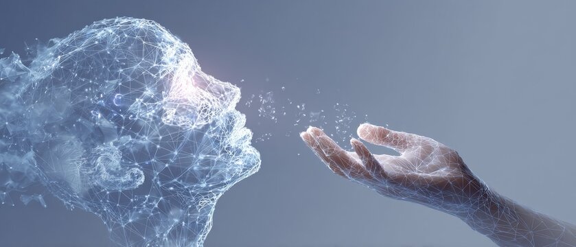 Digital human face dissolving into particles reaching out to hand