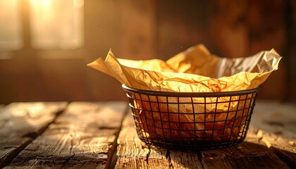 Fototapeta premium Rustic Basket of Food on Wooden Table.