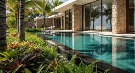 Fototapeta premium Luxury Tropical Resort Building with Swimming Pool and Lush Garden - Modern Architecture Hospitality Photo-realistic Image