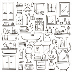 Fototapeta premium Collection of Hand-Drawn Bathroom Fixtures and Accessories in Outline Style