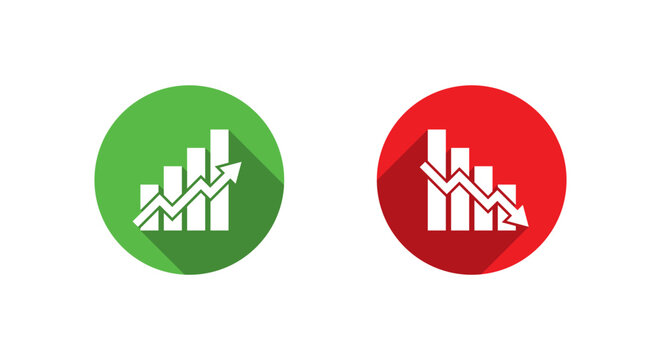 Growth and decline icon with long shadow. Up and down bar symbol. Increase and loss decrease trend sign