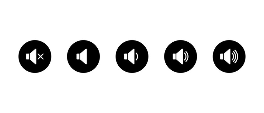 Speaker volume icon set in black circle. Audio control symbol. Mute and loudness adjustment level sign
