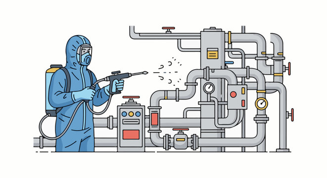 Person in hazmat suit sprays disinfectant onto industrial piping system