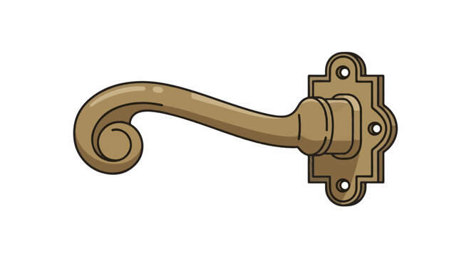 Ornate brass door handle with a decorative scrolled end, mounted on a backplate